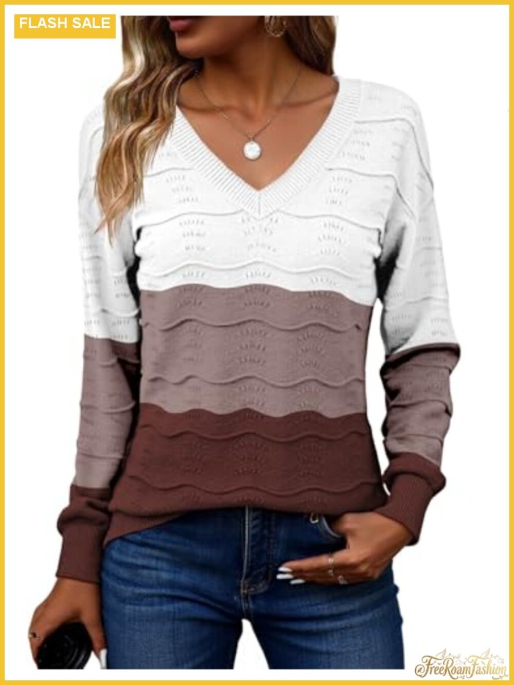 Womens V Neck Crochet Ribbed Knit Pullover Sweater Long Sleeve Top